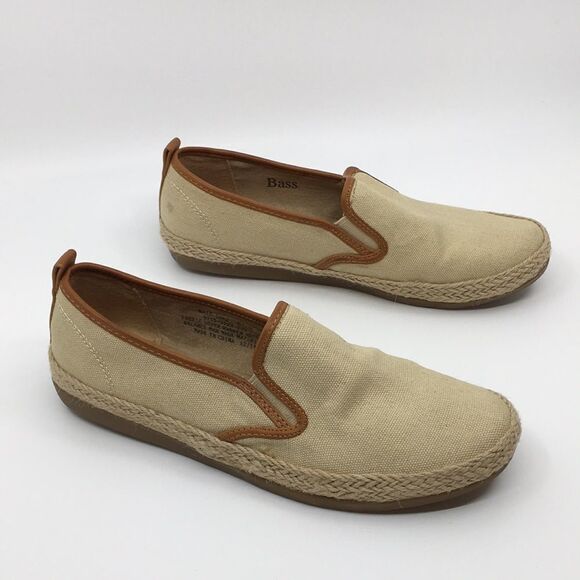 Bass Sage canvas slip on shoes loafers tan / cream with leather trim Size 5.5 M - Picture 3 of 14